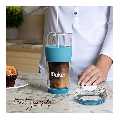  Tupkee Double Wall Glass Tumbler - 14-Ounce, All Glass Reusable Insulated Tea/Coffee Mug & Lid, Hand Blown Glass Travel Mug - Niagara - 2 Pack