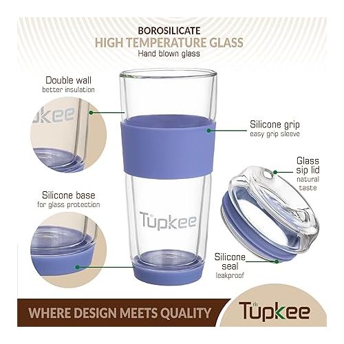  Tupkee Double Wall Glass Tumbler - 14-Ounce, All Glass Reusable Insulated Tea/Coffee Mug & Lid, Hand Blown Glass Travel Mug - Jacaranda - 2 Pack