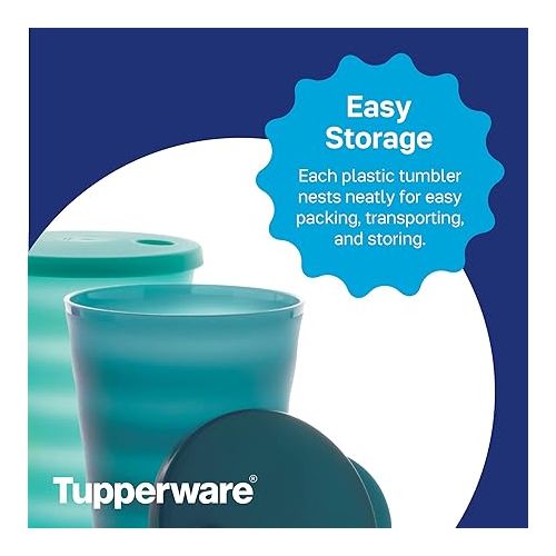  Tupperware Brand Impressions 16 oz Tumblers - Set of 4 - Dishwasher Safe & BPA Free - Mess-Free Reusable Plastic Cups with Lids