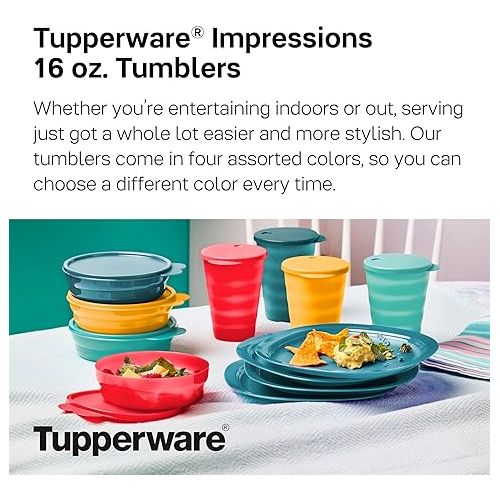 Tupperware Brand Impressions 16 oz Tumblers - Set of 4 - Dishwasher Safe & BPA Free - Mess-Free Reusable Plastic Cups with Lids