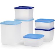 Tupperware Stacking Square Storage Set - Dishwasher Safe & BPA Free - (6 Clear Containers + 6 Blue Lids)