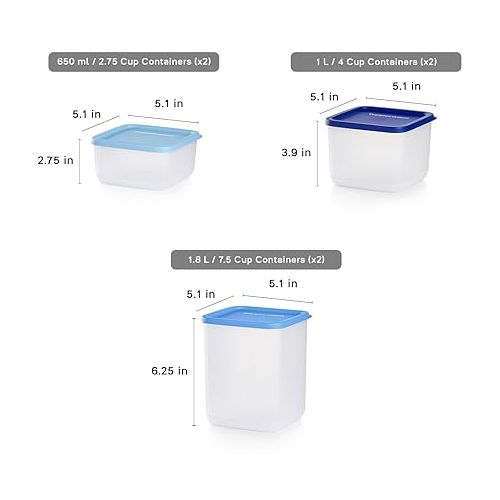  Tupperware Stacking Square Storage Set - Dishwasher Safe & BPA Free - (6 Clear Containers + 6 Blue Lids)