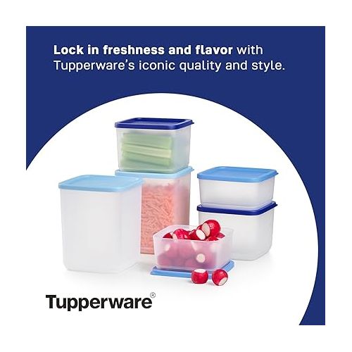  Tupperware Stacking Square Storage Set - Dishwasher Safe & BPA Free - (6 Clear Containers + 6 Blue Lids)