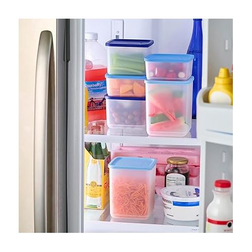  Tupperware Stacking Square Storage Set - Dishwasher Safe & BPA Free - (6 Clear Containers + 6 Blue Lids)