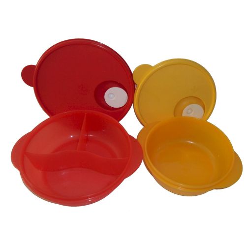  Tupperware CrystalWave Microwave 2c Bowl and Divided Lunch Dish Plate Set Red and Orange