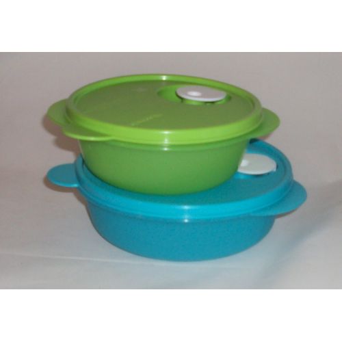  Tupperware CrystalWave Microwave 2c Bowl Divided Lunch Dish Plate Set Blue Green