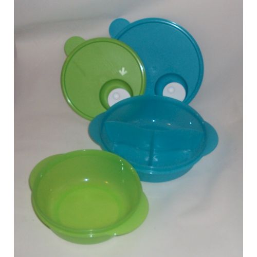  Tupperware CrystalWave Microwave 2c Bowl Divided Lunch Dish Plate Set Blue Green