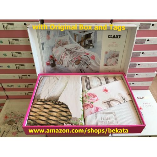  Bekata Paris Love, %100 Turkish Cotton Paris Bedding Set, Pique/Bedspread and Quilt/Duvet Cover Set, Paris Eiffel Tower Themed Girls Paris Bedding Set, Twin Size, 4 PCS, Pink