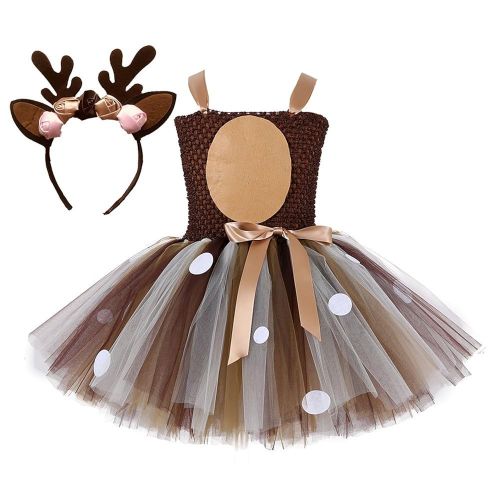  Tutu Dreams Girls 2-12Y Deer Costume Outfits Brown Tulle Dress with Handband Birthday Party