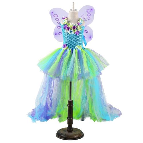  Tutu Dreams Long Train Fairy Princess Dress for Girls 1-8Y with Wings Set Birthday Party