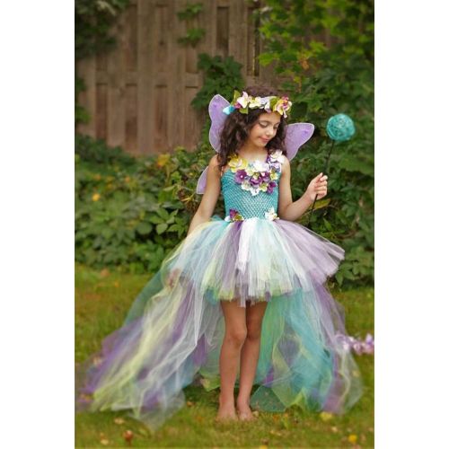  Tutu Dreams Long Train Fairy Princess Dress for Girls 1-8Y with Wings Set Birthday Party