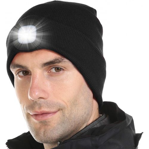  Tutuko LED Beanie Hat with Light, Gifts for Men Women Dad Him, USB Rechargeable Lighted Cap 4 LED Headlamp Hat, Unisex Warm Winter Knitted LED Hat with Flashlight