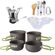 Tuuertge Camping Cookware Set Portable Outdoor Camping Cookware Lightweight Dinnerware Collapsible Cookset Mess Kit 2 Pots 2 Pans Stove Spork Spatula Bowls Cooking Equipment with M
