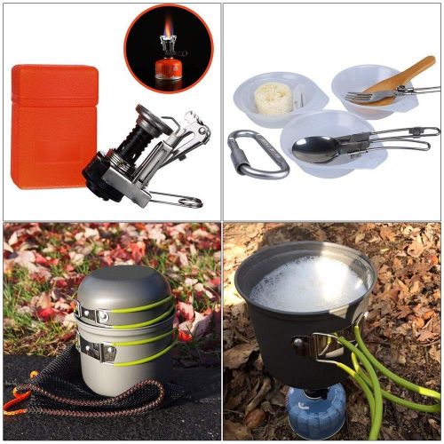  Tuuertge Camping Cookware Set Portable Outdoor Camping Cookware Lightweight Dinnerware Collapsible Cookset Mess Kit 2 Pots 2 Pans Stove Spork Spatula Bowls Cooking Equipment with M