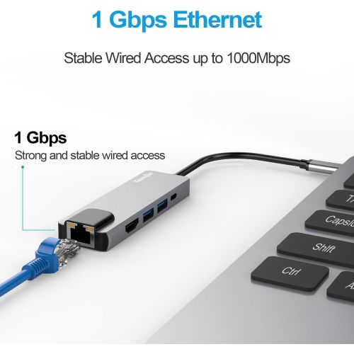  [아마존 핫딜] [아마존핫딜]Tuwejia USB C Hub Multiport Adapter with 4kHDMI Output, 1000M RJ45 Gigabit Ethernet, 2USB3.0 Ports,60W Power Delivery, 5-in-1 USB C Network Adapter for MacBook Pro & Type C Windows Laptops