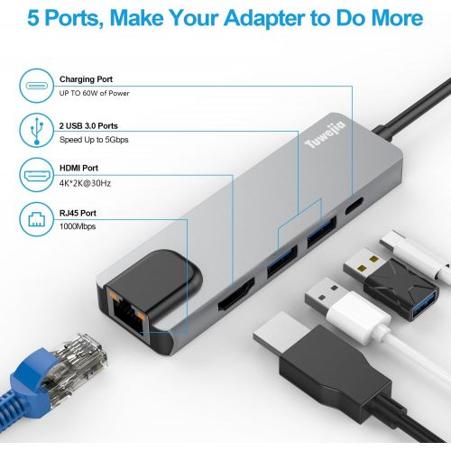  [아마존 핫딜] [아마존핫딜]Tuwejia USB C Hub Multiport Adapter with 4kHDMI Output, 1000M RJ45 Gigabit Ethernet, 2USB3.0 Ports,60W Power Delivery, 5-in-1 USB C Network Adapter for MacBook Pro & Type C Windows Laptops