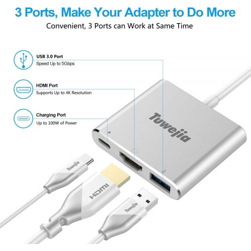  [아마존 핫딜] Tuwejia USB C to HDMI Multiport Adapter USB 3.1 Gen 1 Thumderbolt 3 to HDMI 4K Video Converter/USB 3.0 hub Port PD Quick Charging Port with Large Projection for 2015/16/17/18 MacBo