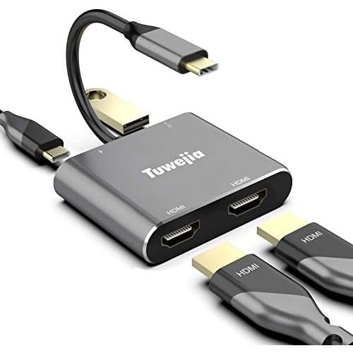  USB C to Dual HDMI 4K Adapter, Tuwejia Thounderbolt 3 to HDMI 1 in 2 Out Switch Splitter,USB 3.0 Hub and Quick Charge，Tpye C Digital av Adapter Compatible MacBook ProiPad Pro 2018