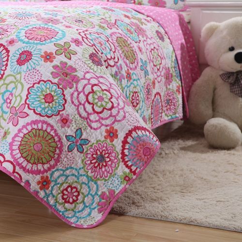  Cozy Line Pink Floral 2-Pcs Quilt Sets Reversible Polka Dot Little Girl Bed (Pink Floral, Twin - 2 Piece)