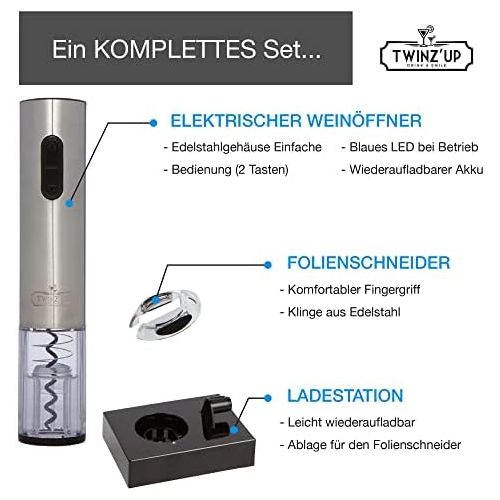  Elektrischer Korkenzieher von Twinz’up  Schnurlos Box mit Folienschneider und Ladestation  Akku der zweiten Generation  EIN Flaschenoeffner, OEnologie(Silber)