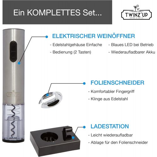  Elektrischer Korkenzieher von Twinz’up  Schnurlos Box mit Folienschneider und Ladestation  Akku der zweiten Generation  EIN Flaschenoeffner, OEnologie(Silber)