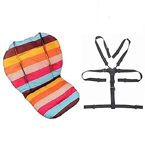  [아마존베스트]Twoworld Baby Stroller/Car / High Chair Seat Cushion Liner Mat Pad Cover Protector Rainbow Striped Water Resistant and High Chair Straps (5 Point Harness) 1 Suit