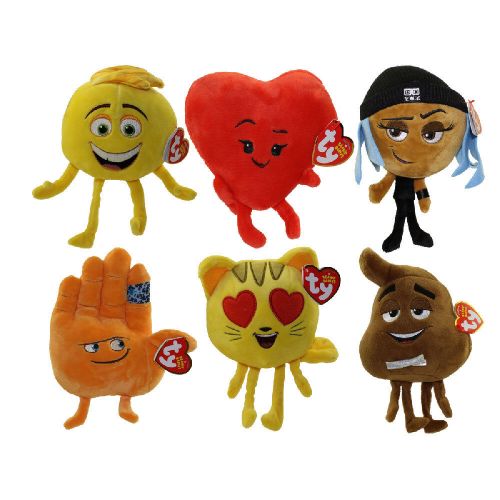  Ty TY Beanie Babies - The Emoji Movie -SET of 6 (Poop, Gene, Cat Heart Eye, Hi 5+)