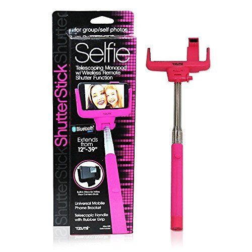  Tzumi ShutterStick Universal Selfie Stick with Bluetooth Wireless Shutter Function, Built-in Mirror for Rear Camera Extendeds up to 39, Pink by Tzumi Electronics
