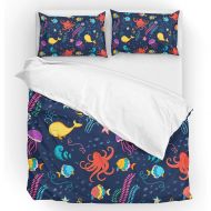 U LIFE Bedding Duvet Cover Set King Size 3 Piece Set 1 Quilt Cover and 2 Pillow Cases Shams Cute Cartoon Octopus Whale Fish Ocean Sea World for Kid Boy Girl Women Men