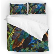 U LIFE Bedding Duvet Cover Set King Size 3 Piece Set 1 Quilt Cover and 2 Pillow Cases Shams Vintage Peacock Feather Floral Flower for Kid Boy Girl Women Men