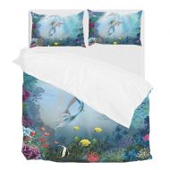 U LIFE 3 Piece Bedding Duvet Cover Set Full Size 1 Quilt Cover and 2 Pillow Cases Shams Cute Mermaid Ocean Sea Dolphin Animal Fish for Kid Boy Girl Women Men