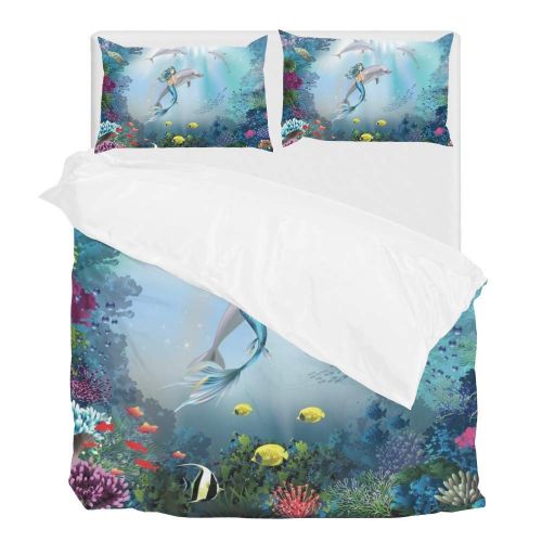  U LIFE 3 Piece Bedding Duvet Cover Set Full Size 1 Quilt Cover and 2 Pillow Cases Shams Cute Mermaid Ocean Sea Dolphin Animal Fish for Kid Boy Girl Women Men