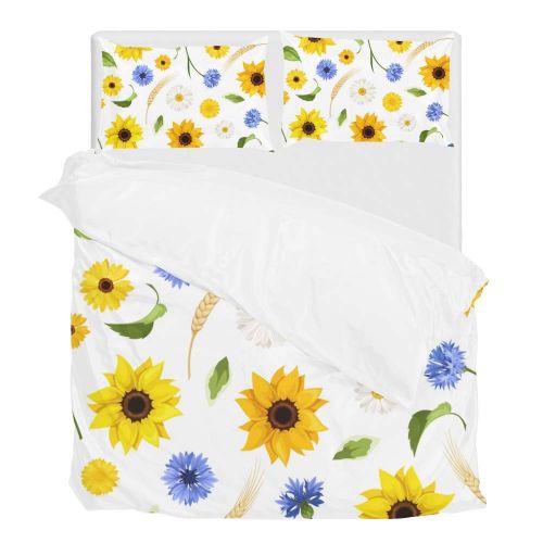  U LIFE 3 Piece Bedding Duvet Cover Set Full Size 1 Quilt Cover and 2 Pillow Cases Shams Yellow Floral Sunflowers Daisy for Kid Boy Girl Women Men