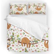 U LIFE Bedding Duvet Cover Set Queen Size 3 Piece Set 1 Quilt Cover and 2 Pillow Cases Shams Cute Sloth Animal White Tropical Floral Flower for Kid Boy Girl Women Men