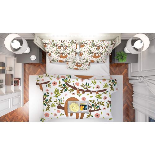  U LIFE Bedding Duvet Cover Set Queen Size 3 Piece Set 1 Quilt Cover and 2 Pillow Cases Shams Cute Sloth Animal White Tropical Floral Flower for Kid Boy Girl Women Men