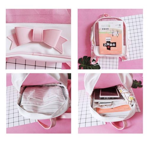  U U Ita Bag Bowknot Candy Leather Backpack Transparent Girls School Bag for Pins Display Beach Bag (Black and Pink)