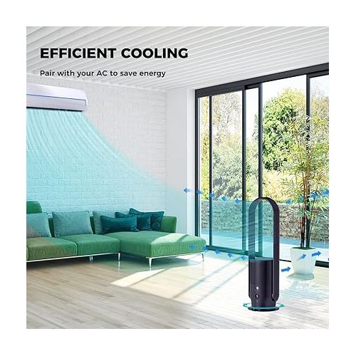  ULTTY Bladeless Tower Fan and Air Purifier, 90° Oscillating Tower Fan with HEPA Filter 99.97%, Remote, Touch, 8H Timer, 9 Speeds, Powerful Floor Fan for Bedroom Room Home Office, Black