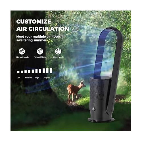  ULTTY Bladeless Tower Fan and Air Purifier, 90° Oscillating Tower Fan with HEPA Filter 99.97%, Remote, Touch, 8H Timer, 9 Speeds, Powerful Floor Fan for Bedroom Room Home Office, Black