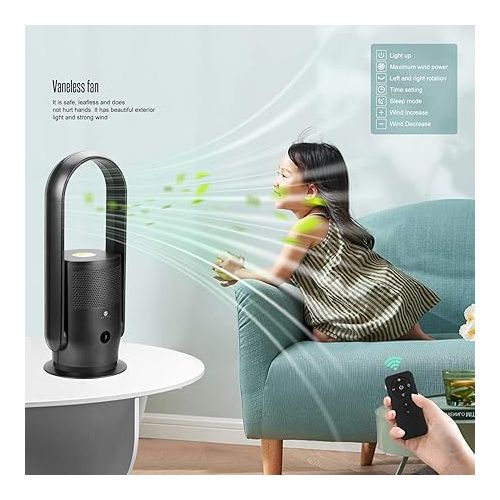  ULTTY Bladeless Tower Fan and Air Purifier in one, 90° Oscillating Bladeless Fan with Remote, Touch, 8H Timer, Floor Fans for Bedroom Whole Room Home Office R021, Black