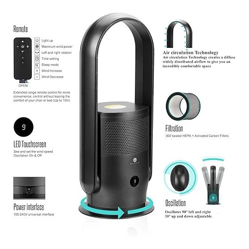  ULTTY Bladeless Tower Fan and Air Purifier in one, 90° Oscillating Bladeless Fan with Remote, Touch, 8H Timer, Floor Fans for Bedroom Whole Room Home Office R021, Black