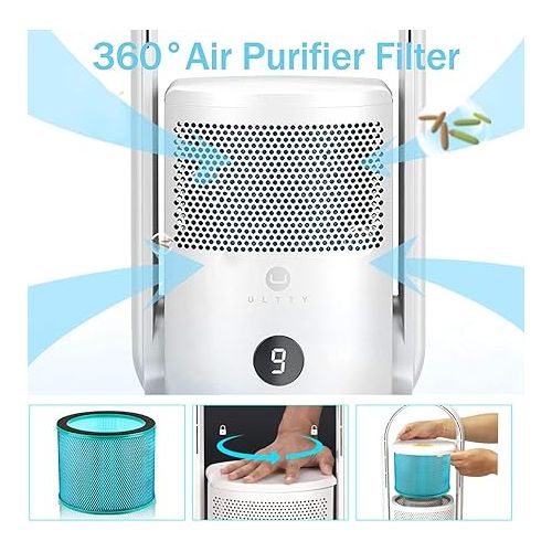  ULTTY Bladeless Tower Fan with Air Purifier, 90° Oscillating Tower Fan with HEPA Filter, Remote Control, Touch, 8H Timer, 9 Speeds, Powerful Floor Fan for Bedroom Room Home Office, CR021, White