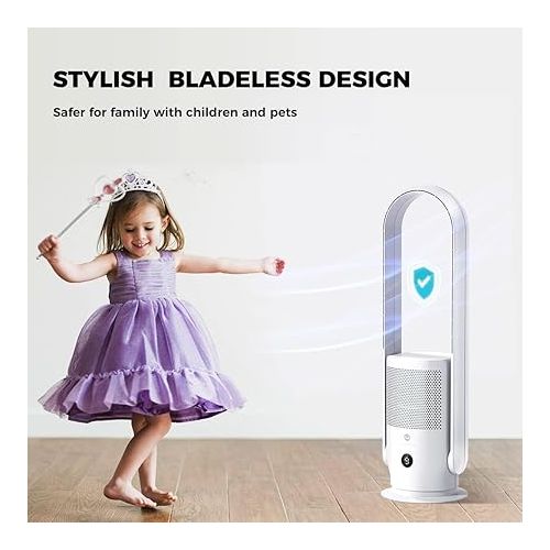  U ULTTY Bladeless Tower Fan and Air Purifier in one, True HEPA Filter 99.97% Smoke Dust Pollen Dander, Oscillating Tower Fan with Remote Control CR022D, White