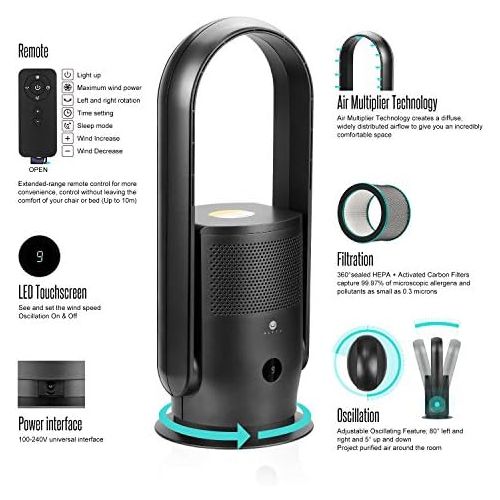  [아마존베스트]U ULTTY Tower fans, fan air purifier with air filter, no fan wheel, quiet with remote control, 90° oscillation, 9 settings wind speed, 8 hours timer, black.