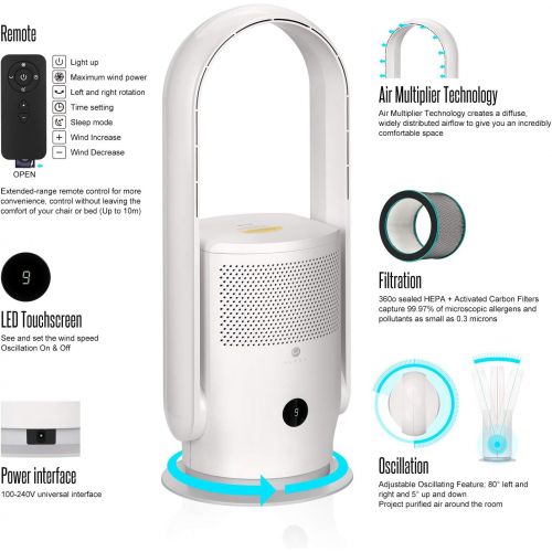  [아마존베스트]U ULTTY Tower Fans, Fan Air Purifier with Air Filter, No Fan Wheel, Quiet with Remote Control, 90° Oscillation, 9 Levels Wind Speed, 8 Hours Timer, White