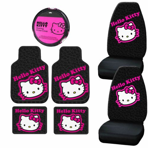  U.A.A. INC. 7 pc Hello Kitty Collage Black & Pink Steering Seat Covers Rubber Mats Universal