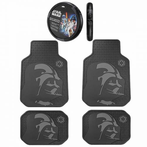  U.A.A. INC. 5pc Star Wars Darth Vader Black Front Rear Rubber Floor Mats Steering Cover Set