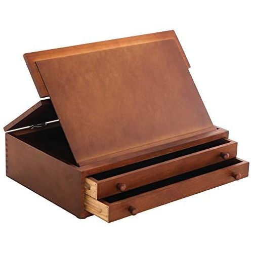  US Art Supply Walnut 2-Drawer Adjustable Wooden Storage Box with Fold Up Solid Drawing Easel