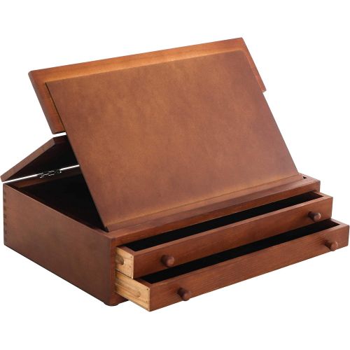  US Art Supply Walnut 2-Drawer Adjustable Wooden Storage Box with Fold Up Solid Drawing Easel