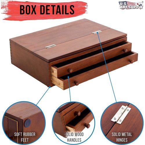  US Art Supply Walnut 2-Drawer Adjustable Wooden Storage Box with Fold Up Solid Drawing Easel