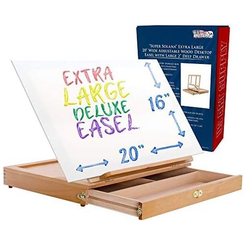  US Art Supply U.S. Art Supply Super Solana Extra Large Adjustable Wood Desk Table Easel with Wide Storage Drawer, Premium Beechwood - Portable Wooden Artist Desktop, Board for Canvas, Painting,